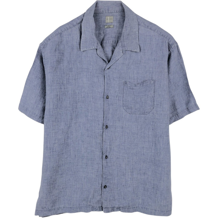 Dockers Record Short-Sleeve Open-Collar Linen Shirt, Boxy Fit, Men's Size XL linen navy blue type Vintage Second Hand