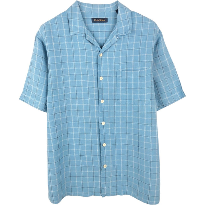 CLUB ROOM Check Pattern Short-Sleeve Open Collar Rayon x Linen Shirt, Boxy Shirt, Men's Size M (approx.) linen blue type Vintage Second Hand