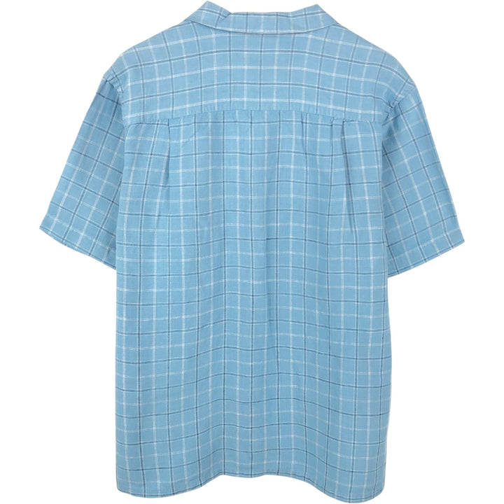 CLUB ROOM Check Pattern Short-Sleeve Open Collar Rayon x Linen Shirt, Boxy Shirt, Men's Size M (approx.) linen blue type Vintage Second Hand