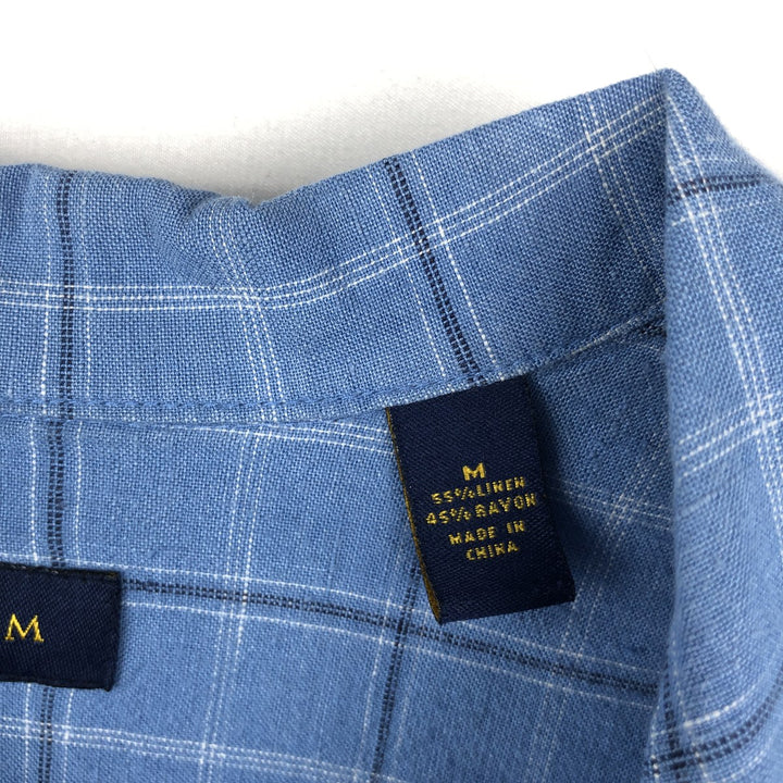 CLUB ROOM Check Pattern Short-Sleeve Open Collar Rayon x Linen Shirt, Boxy Shirt, Men's Size M (approx.) linen blue type Vintage Second Hand