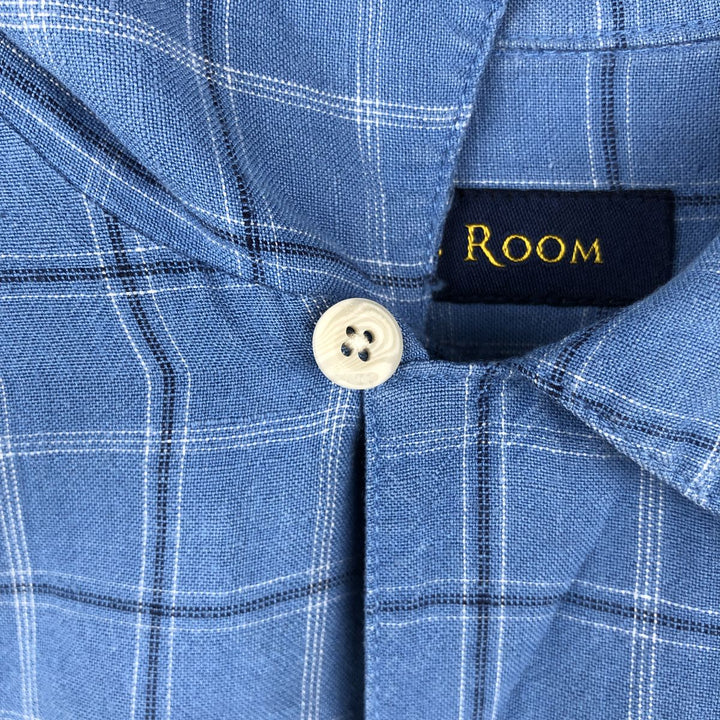 CLUB ROOM Check Pattern Short-Sleeve Open Collar Rayon x Linen Shirt, Boxy Shirt, Men's Size M (approx.) linen blue type Vintage Second Hand