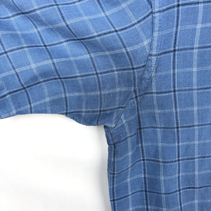 CLUB ROOM Check Pattern Short-Sleeve Open Collar Rayon x Linen Shirt, Boxy Shirt, Men's Size M (approx.) linen blue type Vintage Second Hand