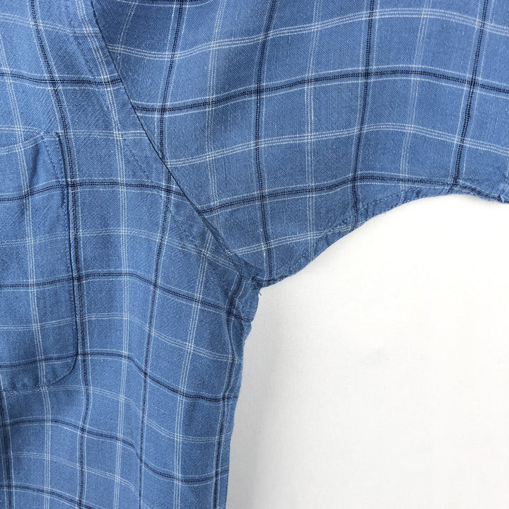 CLUB ROOM Check Pattern Short-Sleeve Open Collar Rayon x Linen Shirt, Boxy Shirt, Men's Size M (approx.) linen blue type Vintage Second Hand