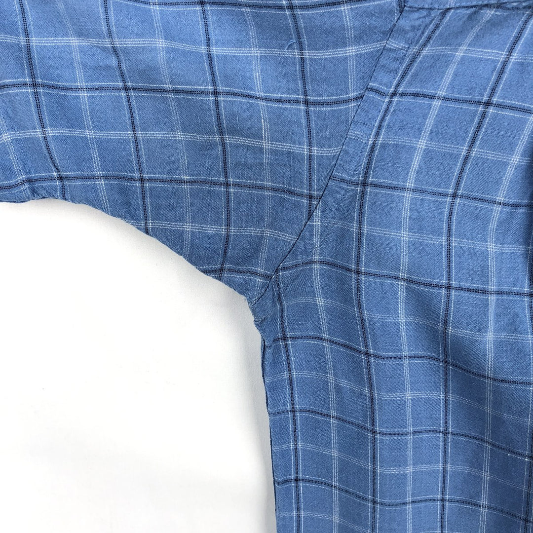 CLUB ROOM Check Pattern Short-Sleeve Open Collar Rayon x Linen Shirt, Boxy Shirt, Men's Size M (approx.) linen blue type Vintage Second Hand