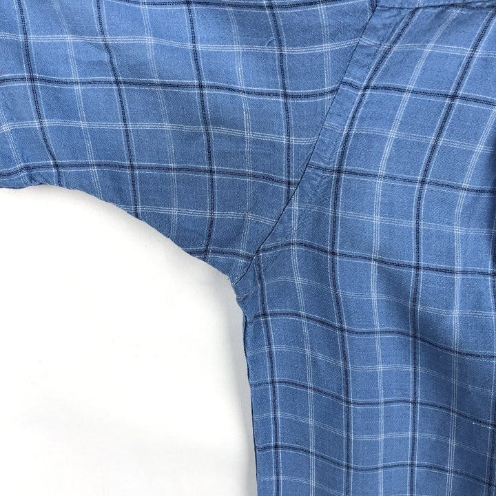 CLUB ROOM Check Pattern Short-Sleeve Open Collar Rayon x Linen Shirt, Boxy Shirt, Men's Size M (approx.) linen blue type Vintage Second Hand