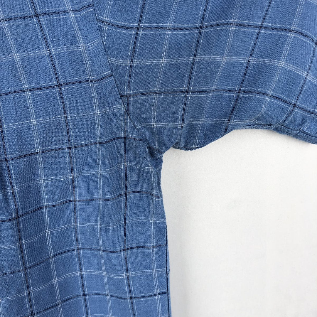 CLUB ROOM Check Pattern Short-Sleeve Open Collar Rayon x Linen Shirt, Boxy Shirt, Men's Size M (approx.) linen blue type Vintage Second Hand