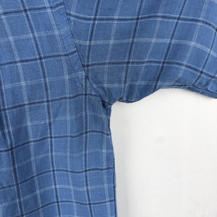 CLUB ROOM Check Pattern Short-Sleeve Open Collar Rayon x Linen Shirt, Boxy Shirt, Men's Size M (approx.) linen blue type Vintage Second Hand