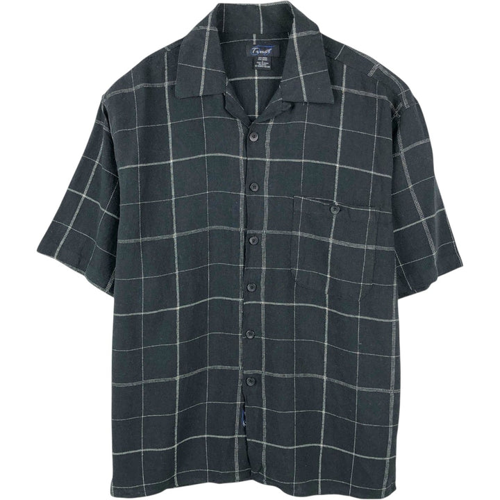 90'S Trust Check Pattern Short-Sleeve Open Collar Rayon x Linen Shirt, Boxy Shirt, Men's Size L (Equivalent), Vintage linen black type Vintage Second Hand