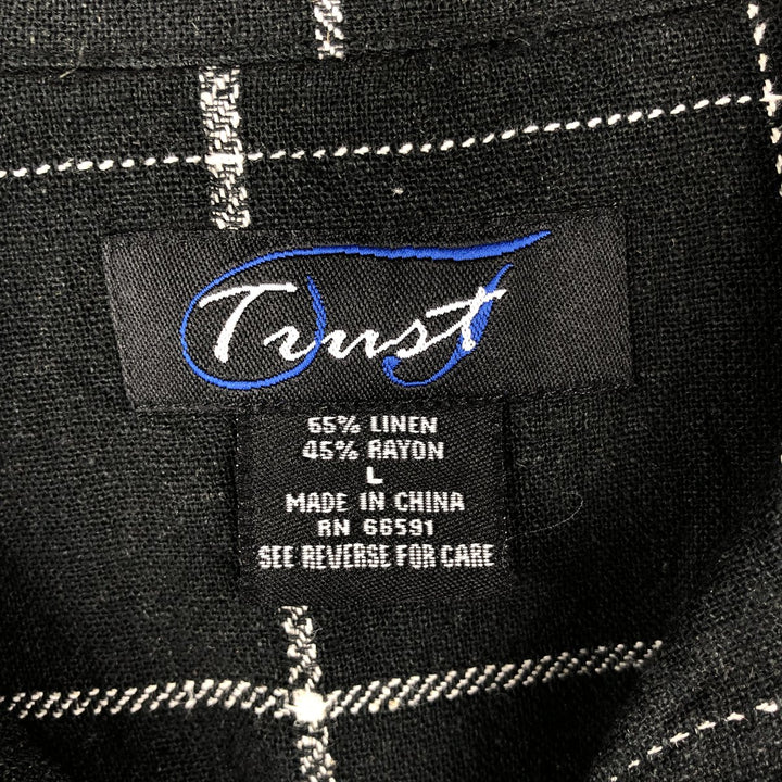 90'S Trust Check Pattern Short-Sleeve Open Collar Rayon x Linen Shirt, Boxy Shirt, Men's Size L (Equivalent), Vintage linen black type Vintage Second Hand