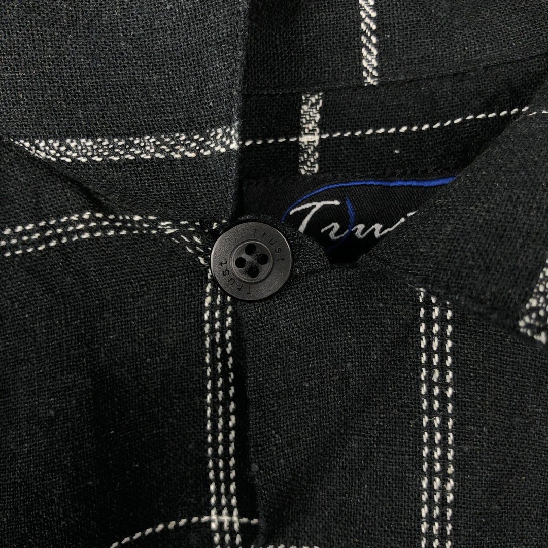 90'S Trust Check Pattern Short-Sleeve Open Collar Rayon x Linen Shirt, Boxy Shirt, Men's Size L (Equivalent), Vintage linen black type Vintage Second Hand