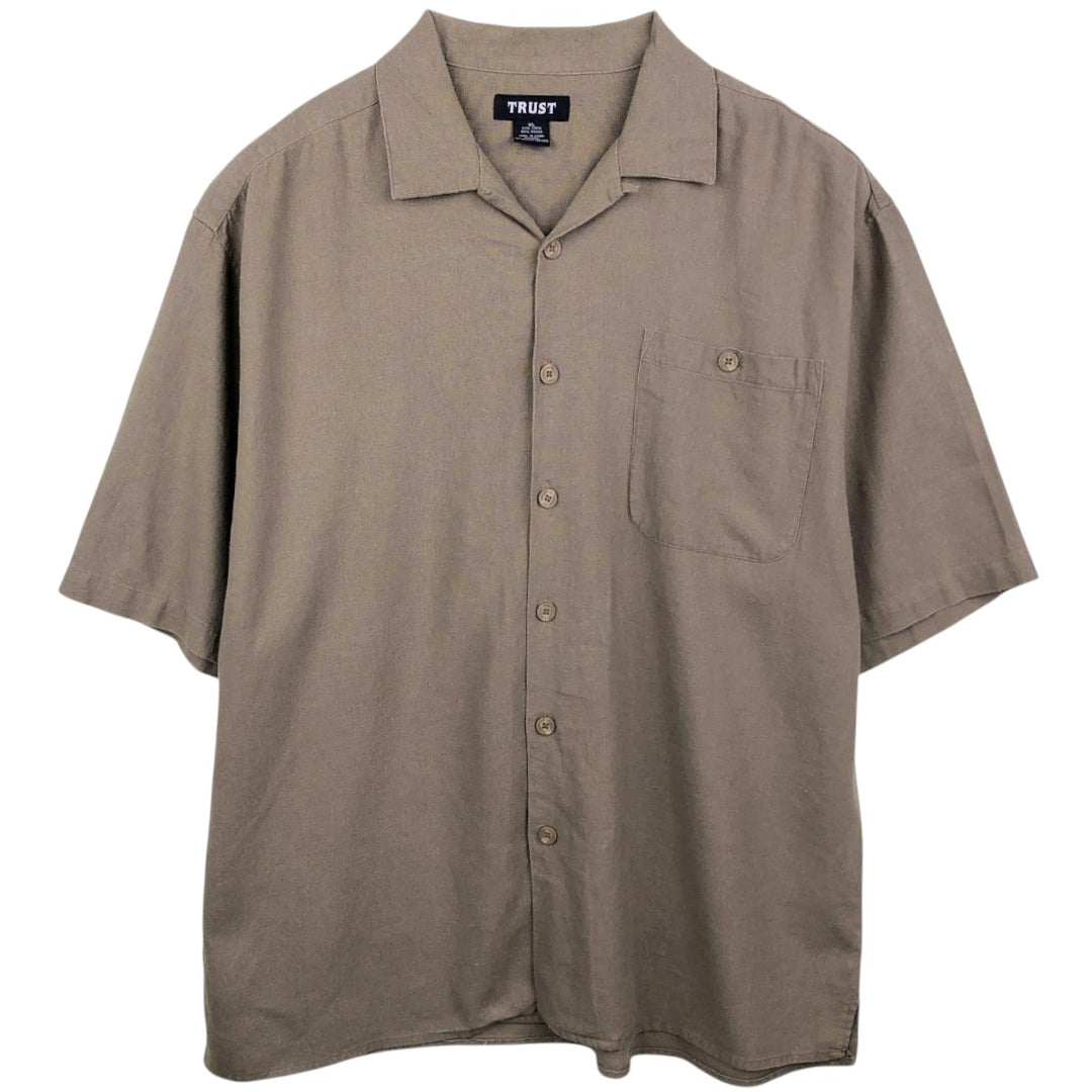TRUST Short Sleeve Open Collar Rayon and Linen Box Shirt, Men's XL linen brown type Vintage Second Hand