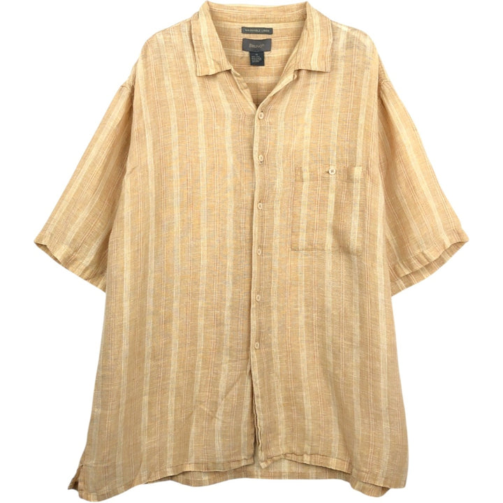 BRUNO Stripe Pattern Short-Sleeve Open-Collar Linen Shirt, Boxy Shirt, Men's XL Equivalent linen Beige type Vintage Second Hand