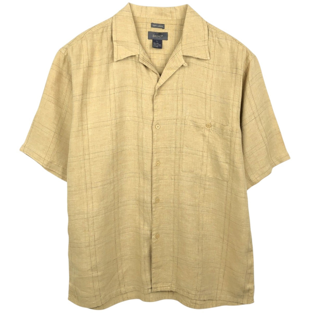 BRUNO SOFT LINEN Check Pattern Short-Sleeve Open Collar Linen Shirt, Boxy Shirt, Men's Size L (approx.) linen yellow type Vintage Second Hand