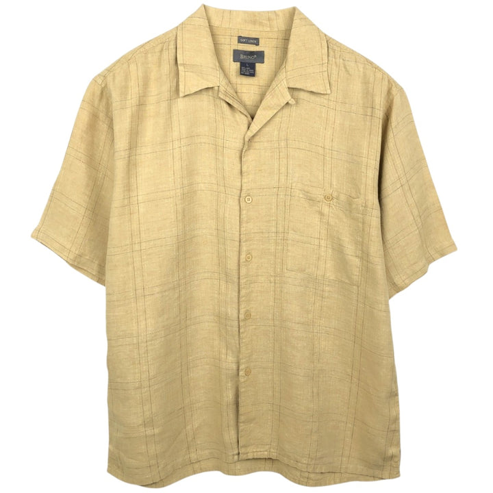 BRUNO SOFT LINEN Check Pattern Short-Sleeve Open Collar Linen Shirt, Boxy Shirt, Men's Size L (approx.) linen yellow type Vintage Second Hand