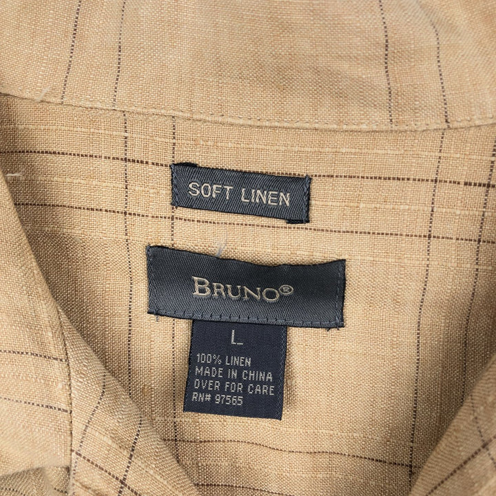 BRUNO SOFT LINEN Check Pattern Short-Sleeve Open Collar Linen Shirt, Boxy Shirt, Men's Size L (approx.) linen yellow type Vintage Second Hand