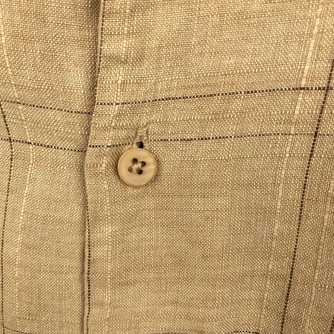 BRUNO SOFT LINEN Check Pattern Short-Sleeve Open Collar Linen Shirt, Boxy Shirt, Men's Size L (approx.) linen yellow type Vintage Second Hand