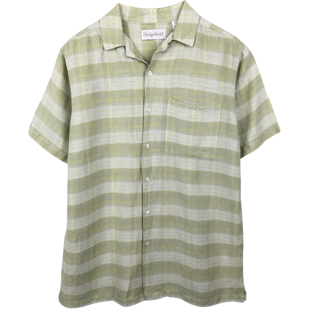 Sedgefield Check Pattern Short-Sleeve Open Collar Rayon x Linen Shirt, Boxy Shirt, Men's Size L (approx.) linen green type yellow green Vintage Second Hand