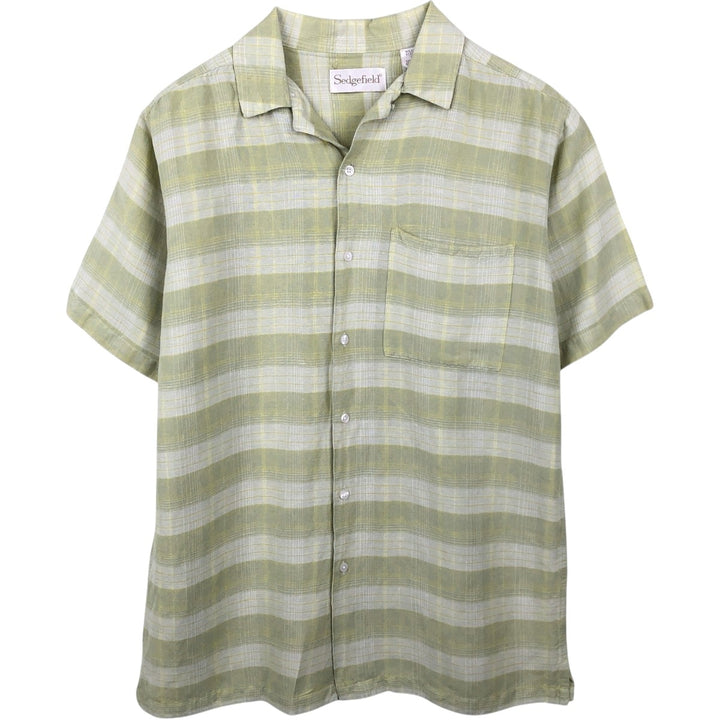 Sedgefield Check Pattern Short-Sleeve Open Collar Rayon x Linen Shirt, Boxy Shirt, Men's Size L (approx.) linen green type yellow green Vintage Second Hand