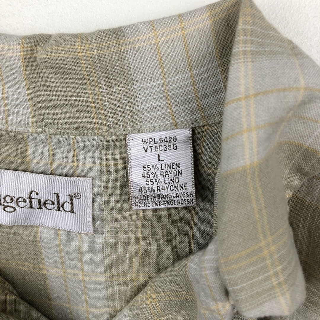 Sedgefield Check Pattern Short-Sleeve Open Collar Rayon x Linen Shirt, Boxy Shirt, Men's Size L (approx.) linen green type yellow green Vintage Second Hand