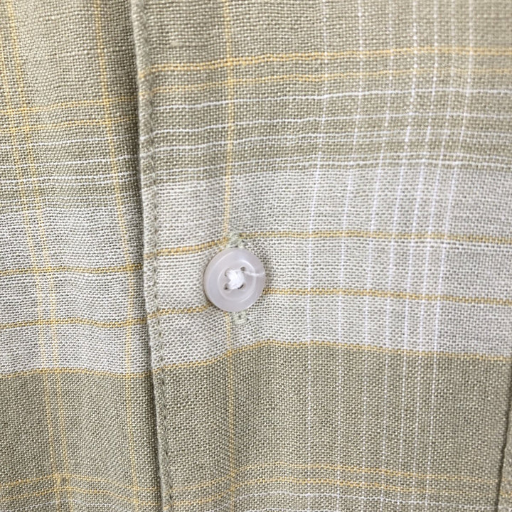 Sedgefield Check Pattern Short-Sleeve Open Collar Rayon x Linen Shirt, Boxy Shirt, Men's Size L (approx.) linen green type yellow green Vintage Second Hand
