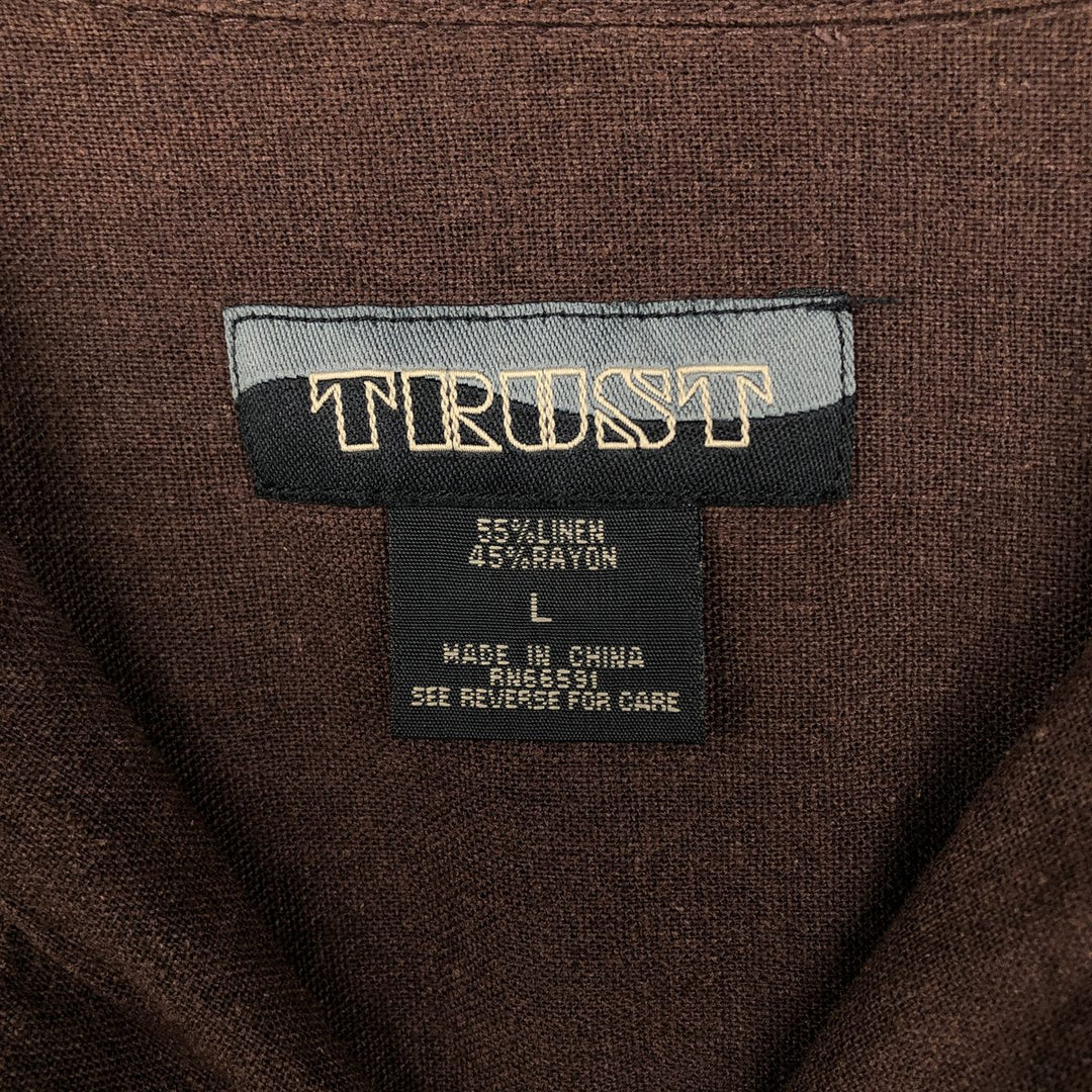 90s-00'S TRUST Short-Sleeve Open-Collar Rayon x Linen Shirt, Boxy Shirt, Men's Size L (Equivalent), Vintage linen brown type Vintage Second Hand