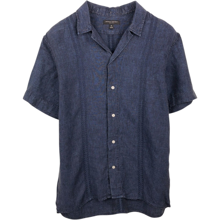Banana Republic Short-Sleeve Open-Collar Linen Shirt, Boxy Fit, Men's Size M linen navy blue type Vintage Second Hand