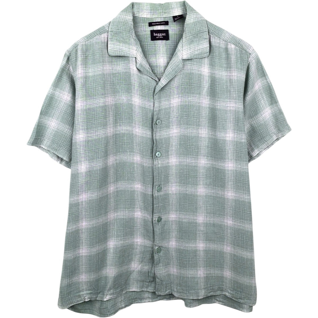 HAGGAR WASHABLE LINEN Ombre Check Short-Sleeve Open Collar Rayon x Linen Shirt, Boxy Shirt, Men's Size L (approx.) linen green type Vintage Second Hand