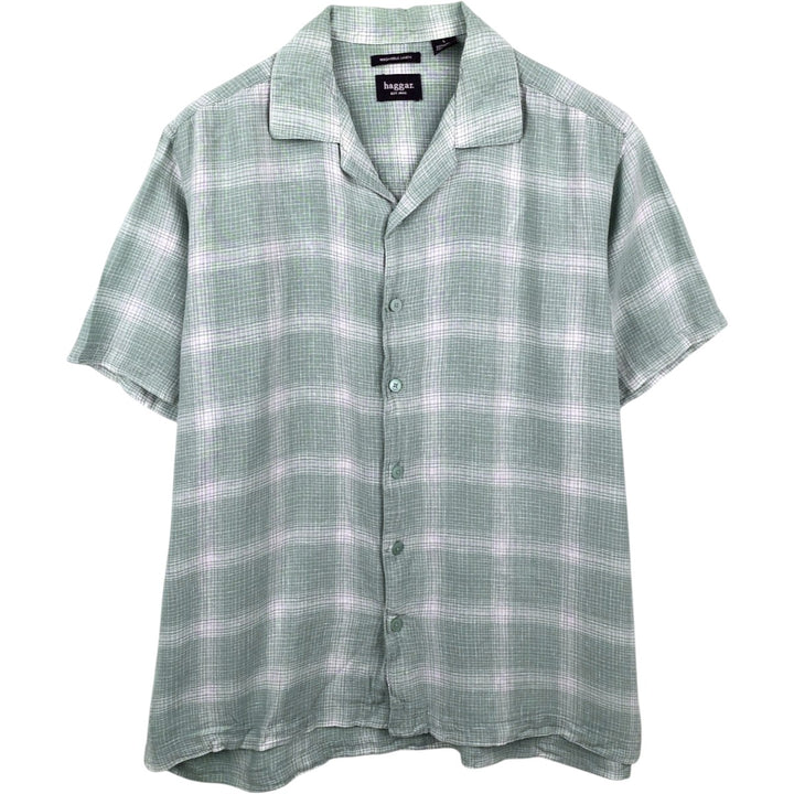 HAGGAR WASHABLE LINEN Ombre Check Short-Sleeve Open Collar Rayon x Linen Shirt, Boxy Shirt, Men's Size L (approx.) linen green type Vintage Second Hand