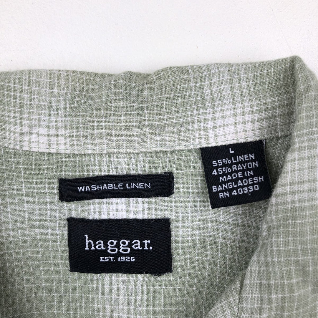 HAGGAR WASHABLE LINEN Ombre Check Short-Sleeve Open Collar Rayon x Linen Shirt, Boxy Shirt, Men's Size L (approx.) linen green type Vintage Second Hand