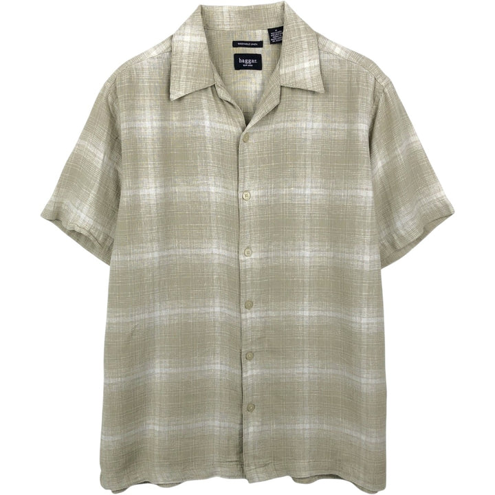 HAGGAR WASHABLE LINEN Ombre Check Short-Sleeve Open Collar Rayon x Linen Shirt, Boxy Shirt, Men's Size M (approx.) linen Beige type Vintage Second Hand