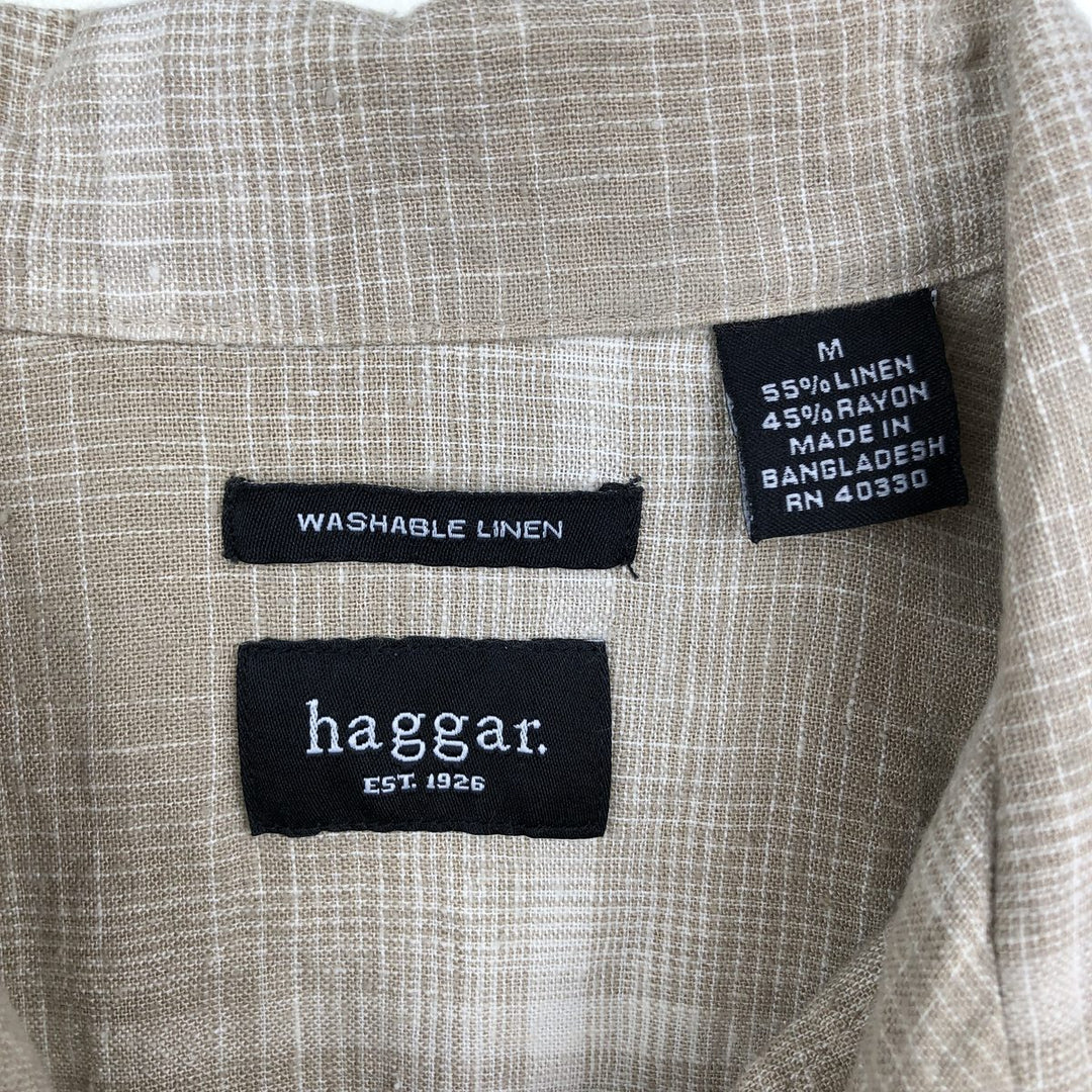 HAGGAR WASHABLE LINEN Ombre Check Short-Sleeve Open Collar Rayon x Linen Shirt, Boxy Shirt, Men's Size M (approx.) linen Beige type Vintage Second Hand