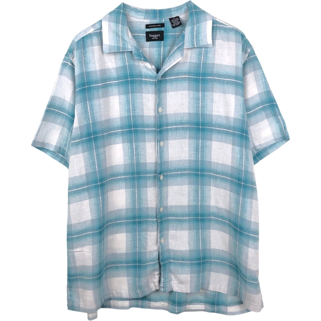 HAGGAR WASHABLE LINEN Check Pattern Short-Sleeve Open Collar Linen Shirt, Boxy Shirt, Men's XL Equivalent linen Blue type light blue Vintage Second Hand