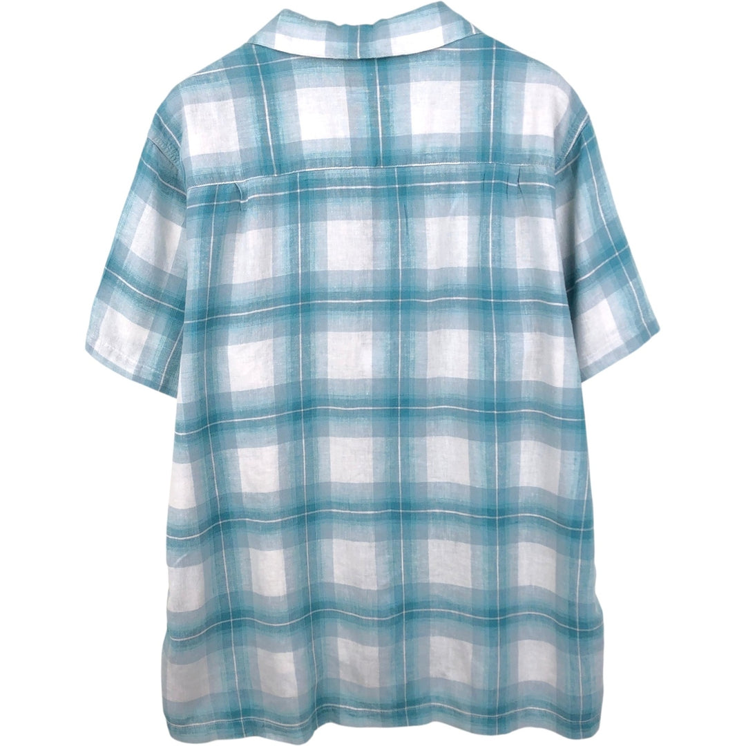 HAGGAR WASHABLE LINEN Check Pattern Short-Sleeve Open Collar Linen Shirt, Boxy Shirt, Men's XL Equivalent linen Blue type light blue Vintage Second Hand
