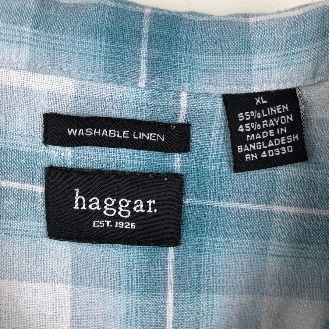 HAGGAR WASHABLE LINEN Check Pattern Short-Sleeve Open Collar Linen Shirt, Boxy Shirt, Men's XL Equivalent linen Blue type light blue Vintage Second Hand