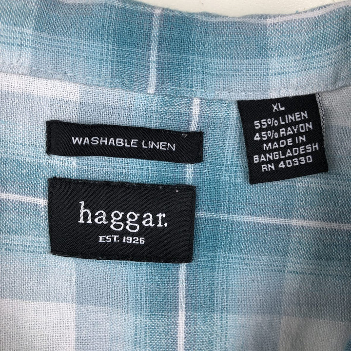 HAGGAR WASHABLE LINEN Check Pattern Short-Sleeve Open Collar Linen Shirt, Boxy Shirt, Men's XL Equivalent linen Blue type light blue Vintage Second Hand