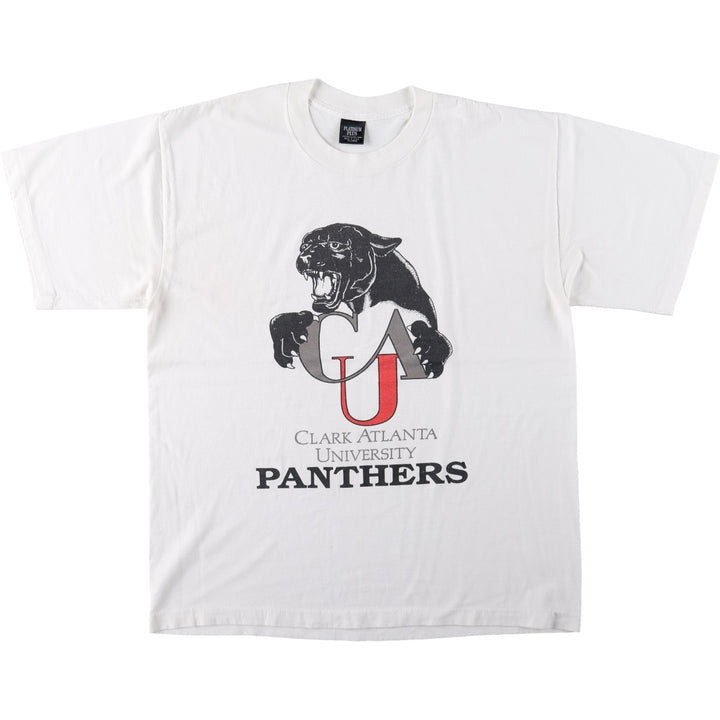 90'S PLATINUM PLUS College T-shirt, Made in USA, Men's XL equivalent, Vintage polyester white type Vintage Second Hand