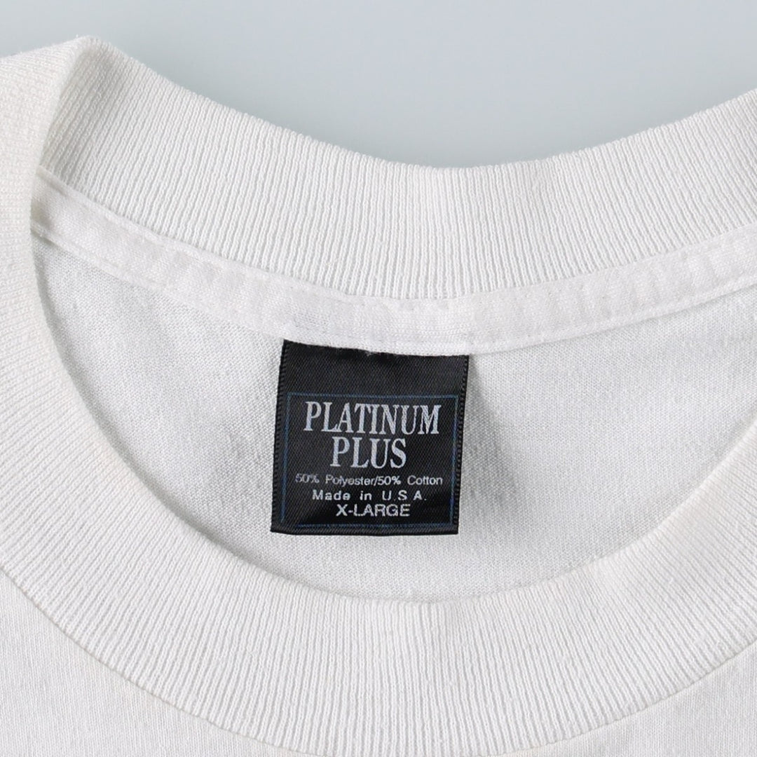 90'S PLATINUM PLUS College T-shirt, Made in USA, Men's XL equivalent, Vintage polyester white type Vintage Second Hand