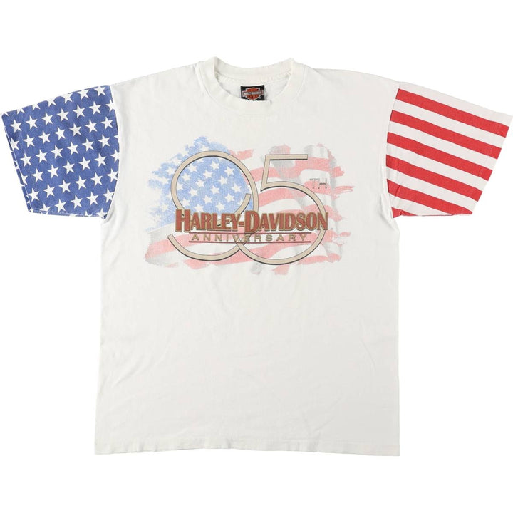 90'S Harley-Davidson American flag crazy pattern motorcycle bike t-shirt, made in USA, men's size L equivalent. cotton white type Vintage Second Hand