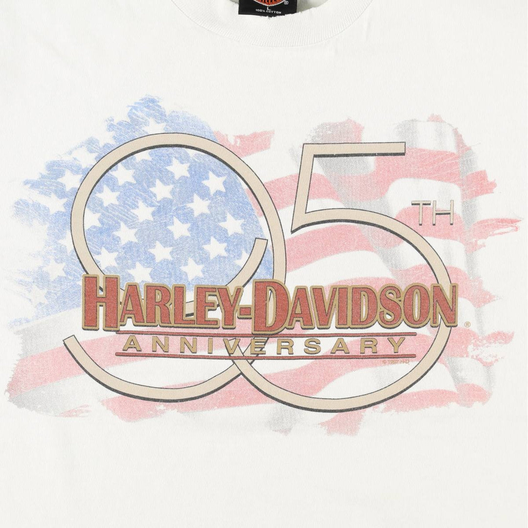 90'S Harley-Davidson American flag crazy pattern motorcycle bike t-shirt, made in USA, men's size L equivalent. cotton white type Vintage Second Hand