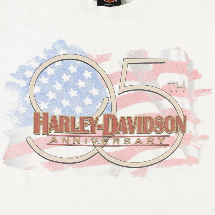 90'S Harley-Davidson American flag crazy pattern motorcycle bike t-shirt, made in USA, men's size L equivalent. cotton white type Vintage Second Hand
