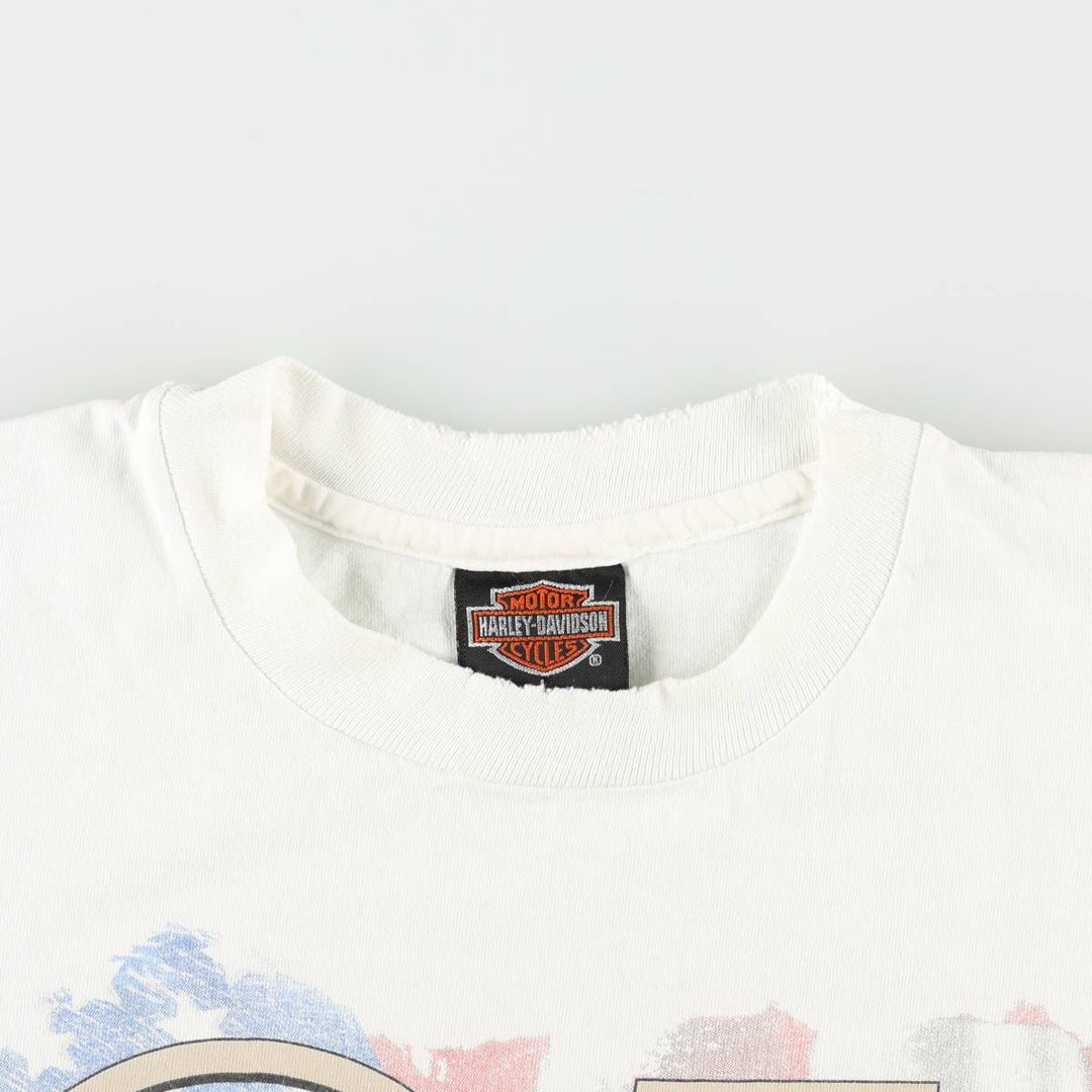90'S Harley-Davidson American flag crazy pattern motorcycle bike t-shirt, made in USA, men's size L equivalent. cotton white type Vintage Second Hand