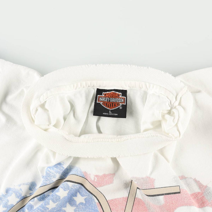 90'S Harley-Davidson American flag crazy pattern motorcycle bike t-shirt, made in USA, men's size L equivalent. cotton white type Vintage Second Hand