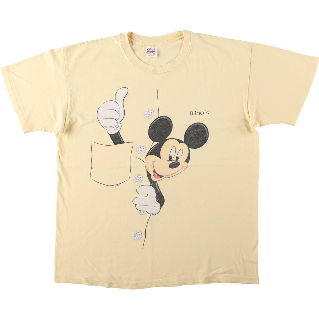 90'S Anvil Mickey Mouse Character Print T-Shirt, Made in USA, Men's XL (approx.) Vintage cotton yellow type Vintage Second Hand