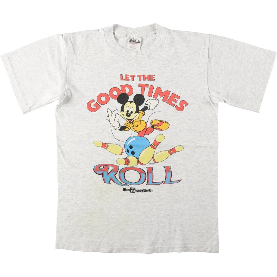 90'S ONEITA MICKEY MOUSE character print T-shirt, Made in USA, Men's size M equivalent, Vintage cotton gray type Vintage Second Hand