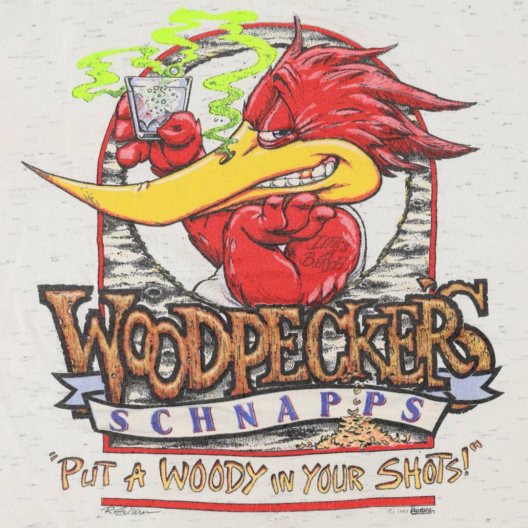 90'S Onita Woody Woodpecker Character Print T-Shirt, Made in USA, Men's Size L (Equivalent), Vintage cotton white type Vintage Second Hand