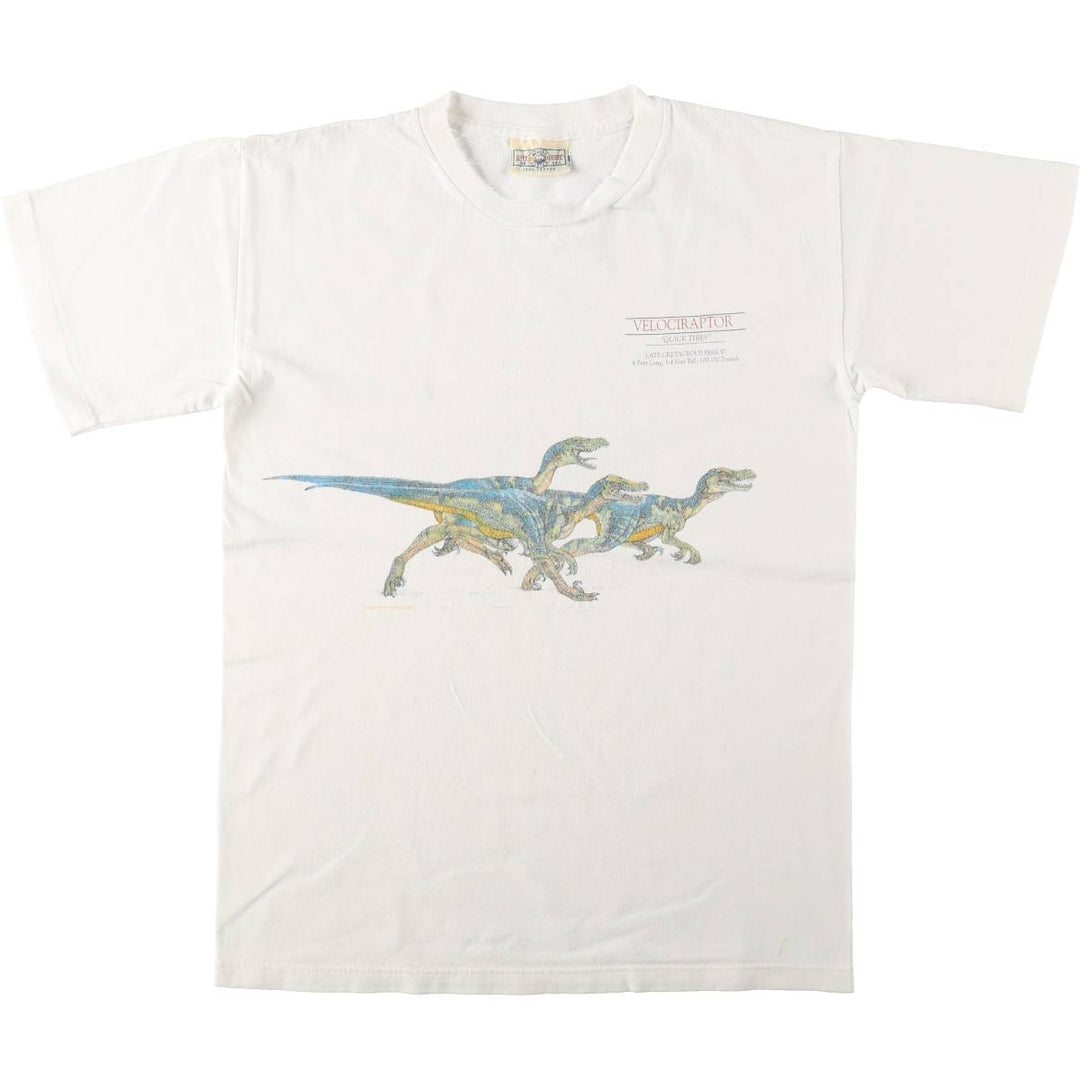 UNITED SOFT GOODS Dinosaur Pattern Animal T-Shirt, Made in USA, Men's Size M (Equivalent), Vintage cotton white type Vintage Second Hand