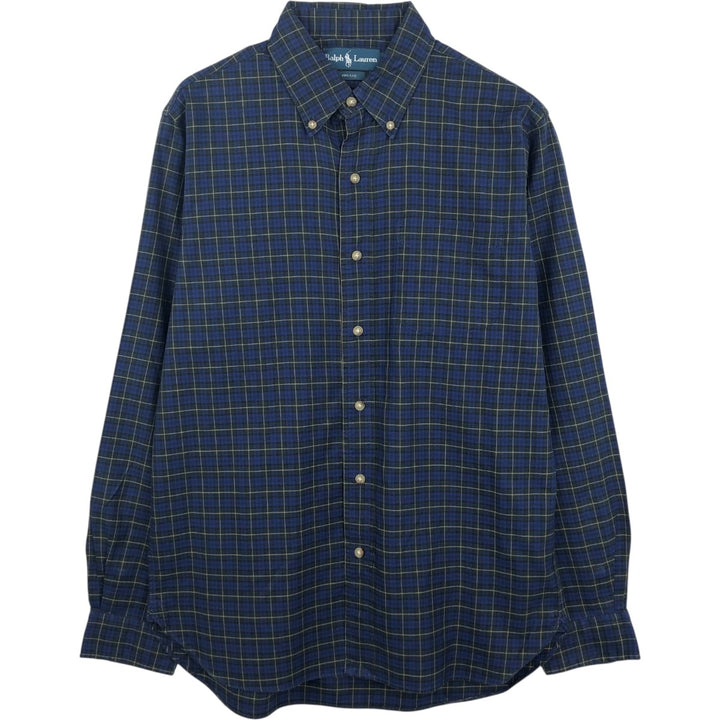 Ralph Lauren 120's 2-ply long-sleeve button-down check shirt, men's size M equivalent. cotton blue type Vintage Second Hand
