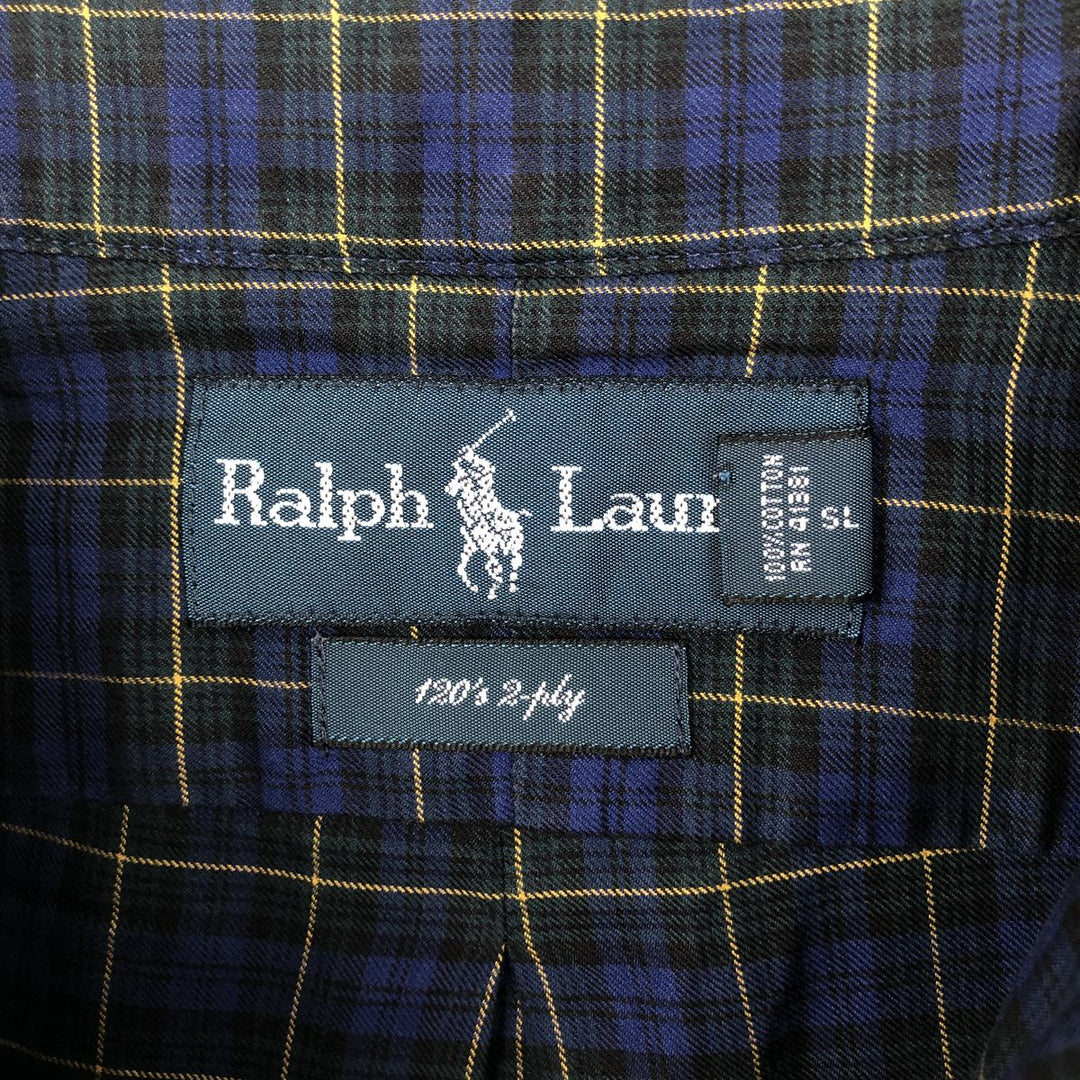 Ralph Lauren 120's 2-ply long-sleeve button-down check shirt, men's size M equivalent. cotton blue type Vintage Second Hand