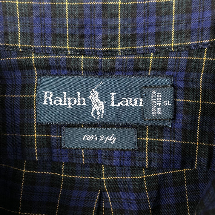 Ralph Lauren 120's 2-ply long-sleeve button-down check shirt, men's size M equivalent. cotton blue type Vintage Second Hand