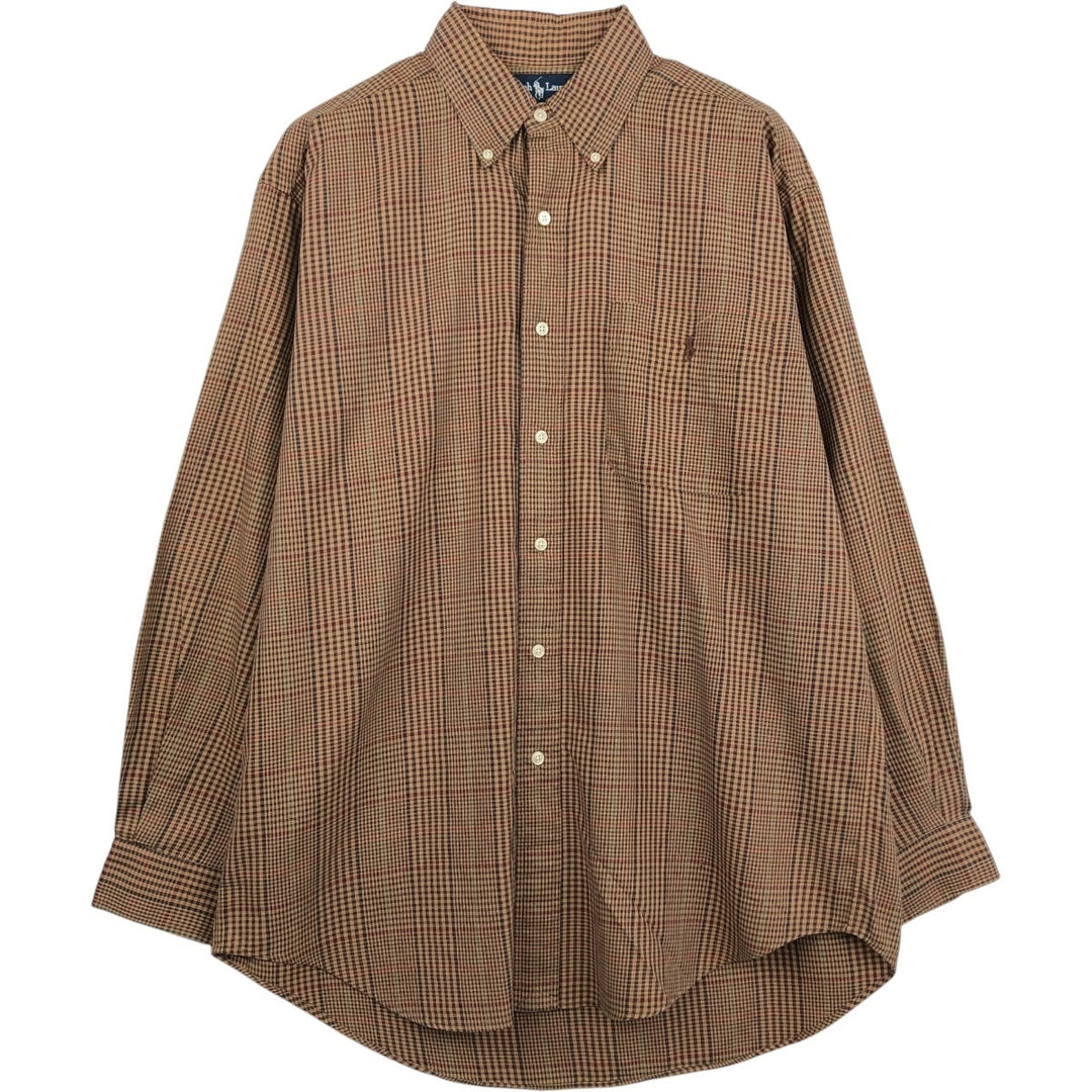 Ralph Lauren BLAIRE Gun Club Check Long-Sleeve Button-Down Check Shirt, Men's Size M (approx.) cotton beige type brown Vintage Second Hand